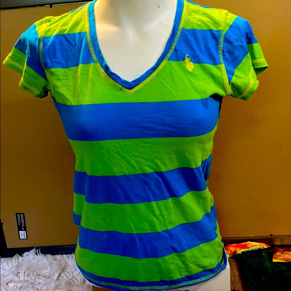 Women’s Striped V-Neck Top by US Polo - Blue & Green - cotton
